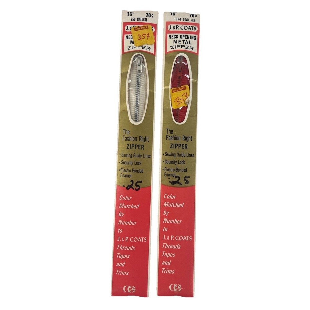2 Pcs Vintage J & P Coats Neck Opening Metal Zipper 16" Natural #256 & Red #136C